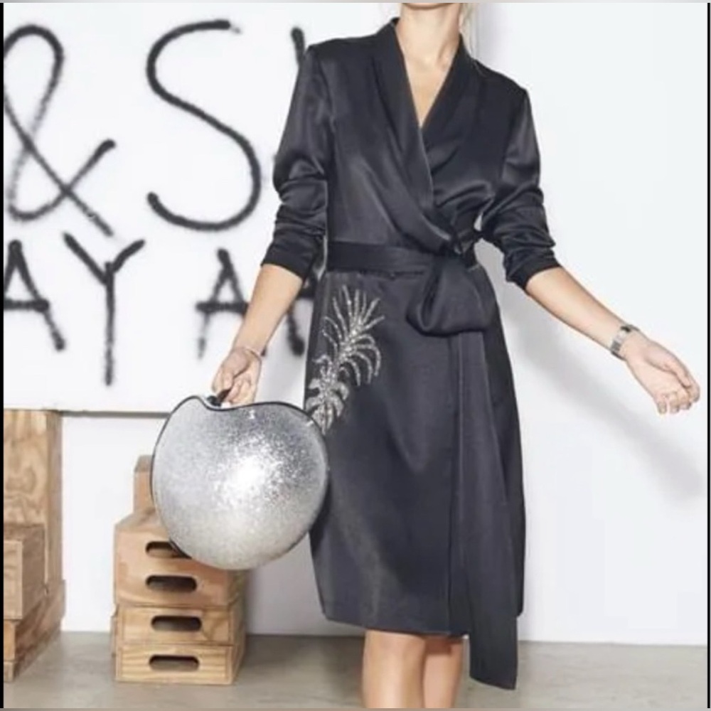 BA&SH Jay Ahr Janeiro Black Wrap Dress Silver Chain & Rhinestone Detail Sz 8 NWT